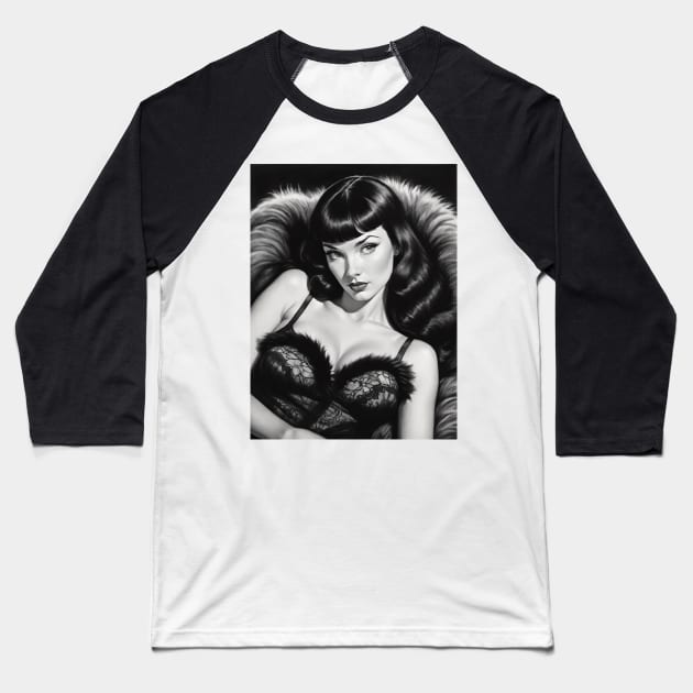 Bettie Page Black and White Portrait Baseball T-Shirt by Absinthe Society 